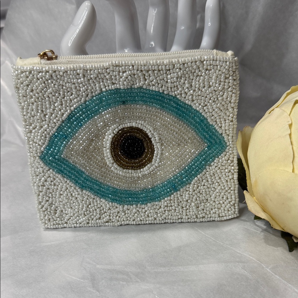 White Beaded Cosmetic Pouch with Turquoise Evil Eye Accent
